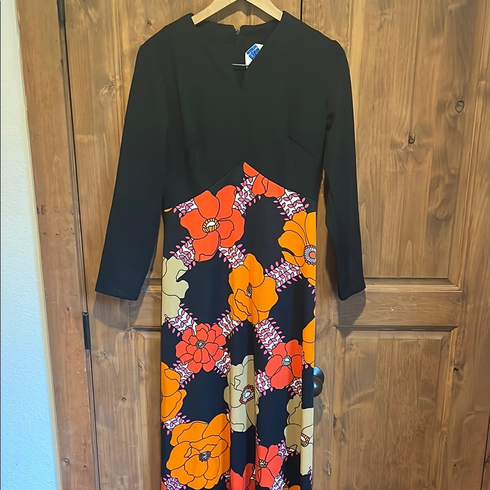 Vintage Floral Black and Orange Maxi Dress